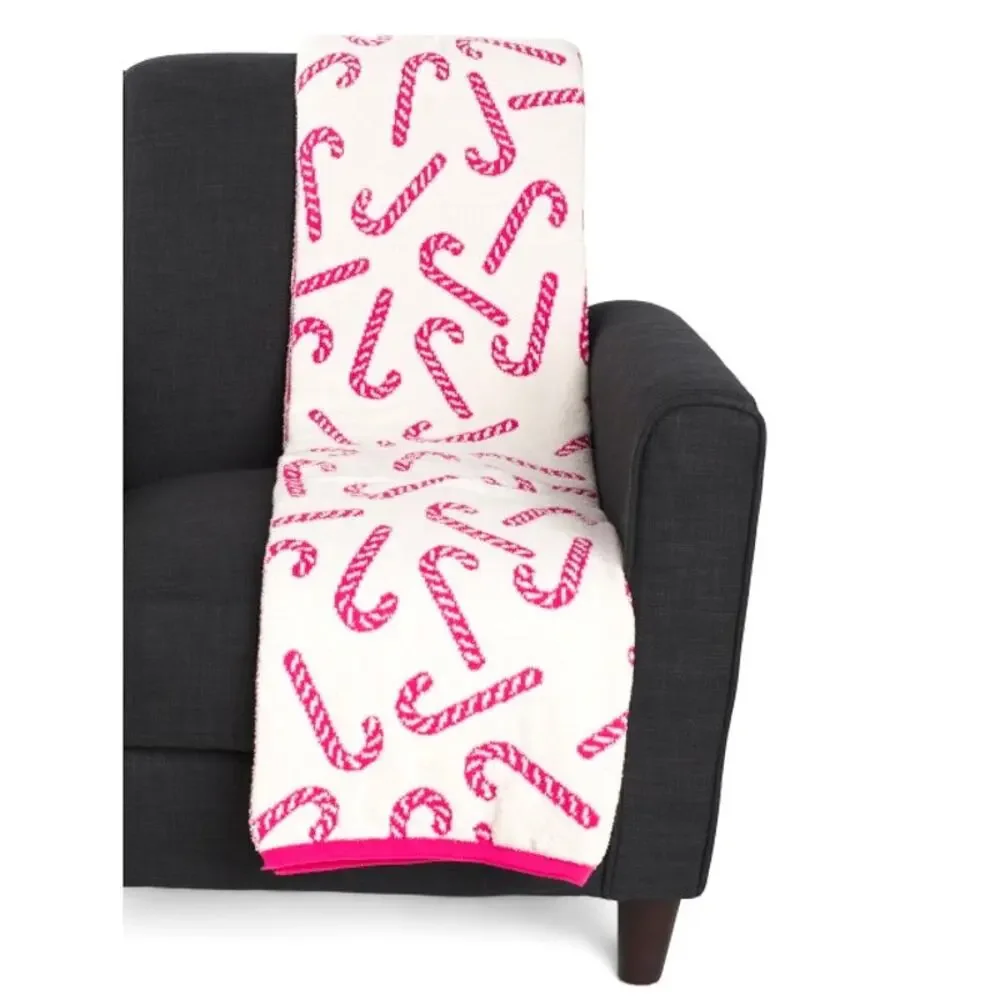 Queenwest Candy Cane Oversized Christmas Throw Blanket 50x70 Hot Pink White NEW